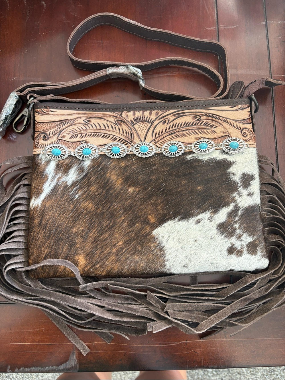 Fringed Cowhide Crossbody Bag with Turquoise Accents